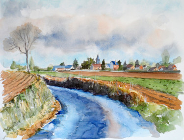 Peinture intitulée "Vermand, environs" par Catherine Rossi, Œuvre d'art originale, Aquarelle