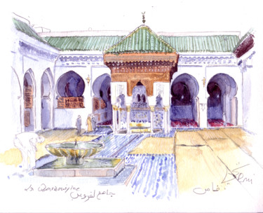 Painting titled "Mosquée Qarawiyyîn…" by Catherine Rossi, Original Artwork, Watercolor