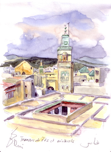 Painting titled "Les terrasses de Fè…" by Catherine Rossi, Original Artwork, Watercolor