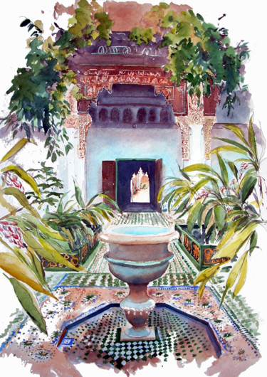Ζωγραφική με τίτλο "Palais de la Bahiya…" από Catherine Rossi, Αυθεντικά έργα τέχνης, Ακουαρέλα