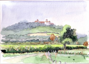 Peinture intitulée "Vézelay, la colline…" par Catherine Rossi, Œuvre d'art originale, Aquarelle