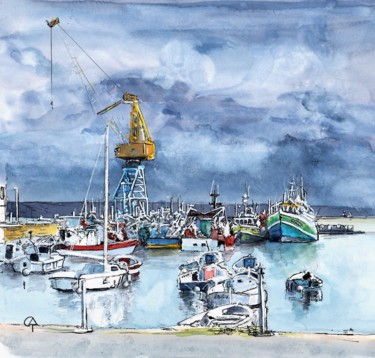 Pintura intitulada "Brest port-de-comme…" por Catherine Rossi, Obras de arte originais, Aquarela