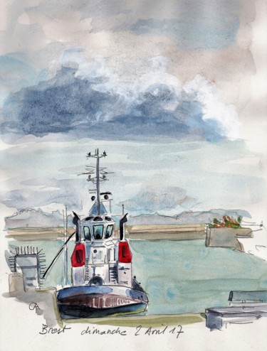 Painting titled "le remorqueur port…" by Catherine Rossi, Original Artwork, Watercolor