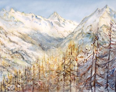 Peinture intitulée "montagne au crepusc…" par Catherine Saint Fontaine, Œuvre d'art originale, Aquarelle