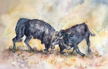 Pintura intitulada "combats de vaches p…" por Catherine Saint Fontaine, Obras de arte originais, Aquarela