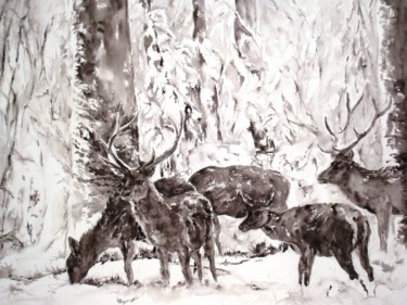 Malerei mit dem Titel "cerfs dans la neige" von Catherine Saint Fontaine, Original-Kunstwerk, Aquarell