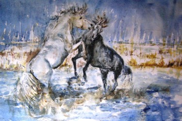 Pintura intitulada "Jouer dans l'eau..." por Catherine Saint Fontaine, Obras de arte originais, Aquarela