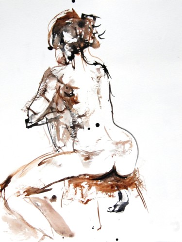 Painting titled "nu femme assise de…" by Catherine Saint Fontaine, Original Artwork, Watercolor