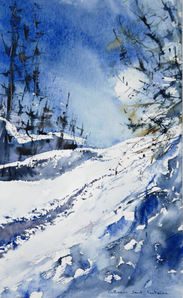 Painting titled "Nuit bleue" by Catherine Saint Fontaine, Original Artwork, Watercolor