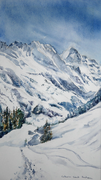 Painting titled "Arolla, bleu" by Catherine Saint Fontaine, Original Artwork, Watercolor