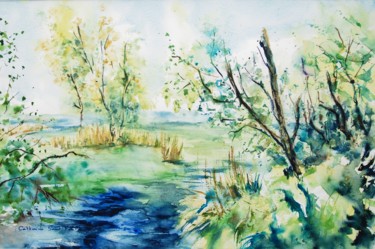 Peinture intitulée "Lac de Neuchatel" par Catherine Saint Fontaine, Œuvre d'art originale, Aquarelle