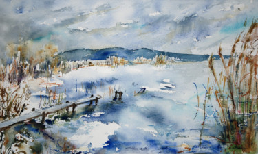 Painting titled "portalban, lac de N…" by Catherine Saint Fontaine, Original Artwork, Watercolor