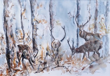 Painting titled "Cerfs en forêt" by Catherine Saint Fontaine, Original Artwork, Watercolor