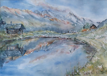 Peinture intitulée "lac d'Arbey coucher…" par Catherine Saint Fontaine, Œuvre d'art originale, Aquarelle