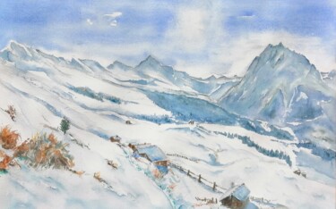 Malerei mit dem Titel "Cotter sous la neige" von Catherine Saint Fontaine, Original-Kunstwerk, Aquarell
