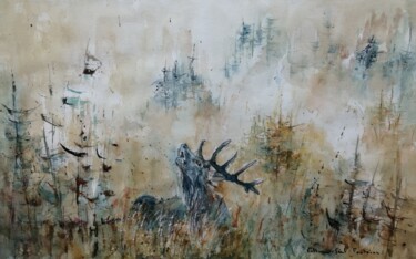 Painting titled "le brame du cerf" by Catherine Saint Fontaine, Original Artwork, Watercolor