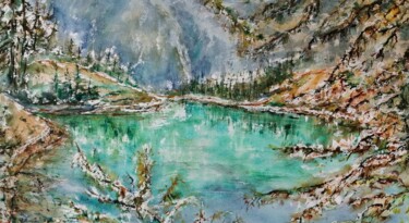 Painting titled "Le lac bleu, automne" by Catherine Saint Fontaine, Original Artwork, Watercolor