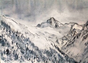 Pintura intitulada "La Dent d'Hérens, e…" por Catherine Saint Fontaine, Obras de arte originais, Aquarela