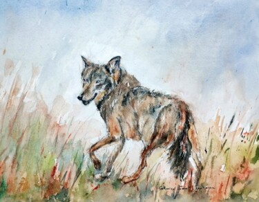 Painting titled "le loup s'en va" by Catherine Saint Fontaine, Original Artwork, Watercolor