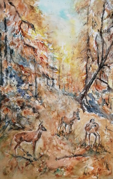 Pintura intitulada "les chevreuils" por Catherine Saint Fontaine, Obras de arte originais, Aquarela