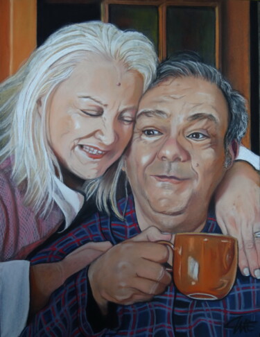 Painting titled "Un couple jovial" by Catherine Wernette, Original Artwork, Pastel