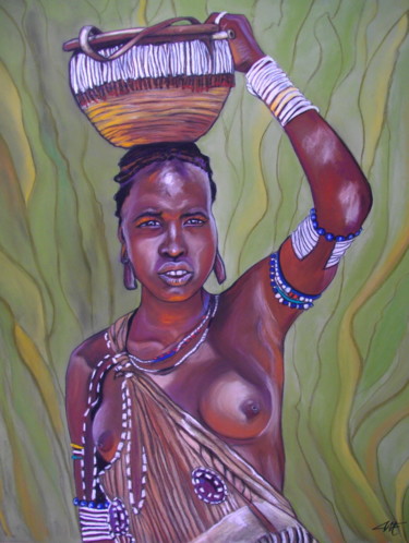Painting titled "ABEBA, le courage" by Catherine Wernette, Original Artwork, Oil