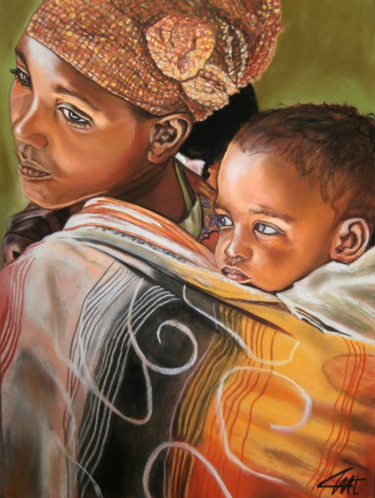 Drawing titled "La MERE et l'ENFANT" by Catherine Wernette, Original Artwork, Pastel