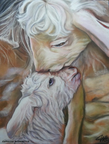 Dessin intitulée "BREBIS et son AGNEAU" par Catherine Wernette, Œuvre d'art originale, Pastel