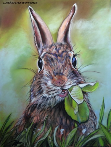 Dibujo titulada "LAPIN GOURMAND" por Catherine Wernette, Obra de arte original, Pastel