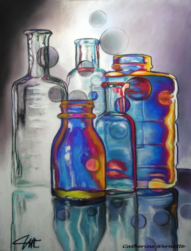 Drawing titled "BOUTEILLES" by Catherine Wernette, Original Artwork, Pastel