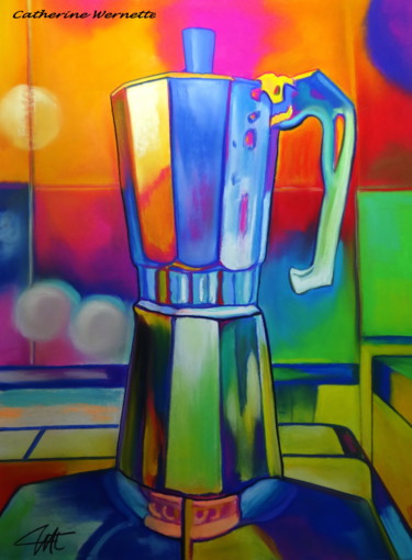 Drawing titled "LA CAFETIERE" by Catherine Wernette, Original Artwork, Pastel