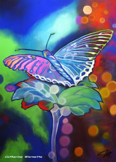 Dessin intitulée "LE PAPILLON BLEU" par Catherine Wernette, Œuvre d'art originale, Pastel