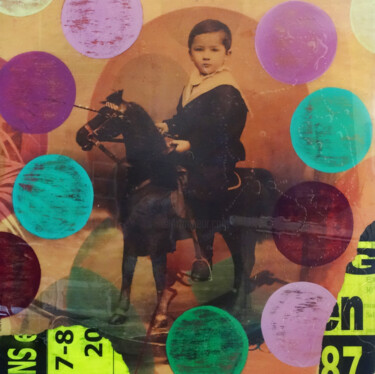 Collages intitulée "Cheval à bascule" par Cathie Berthon, Œuvre d'art originale, Acrylique Monté sur Châssis en bois