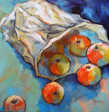 Painting titled "pommes et sac papier" by Cathy Monnier, Original Artwork, Acrylic
