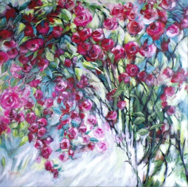 Schilderij getiteld "Roses 2020" door Cathy Monnier, Origineel Kunstwerk, Acryl Gemonteerd op Frame voor houten brancard