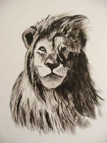 Drawing titled "LION" by Cathou-Bazec, Original Artwork, Ink