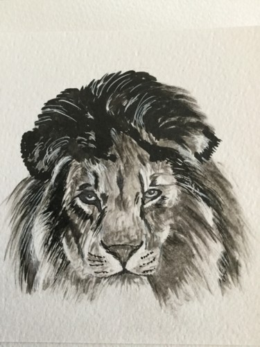 Drawing titled "Portrait d’un LION" by Cathou-Bazec, Original Artwork, Ink