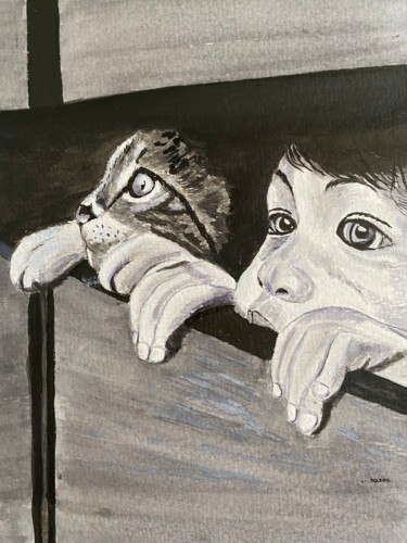 Painting titled "Le CHAT et l ENFANT" by Cathou-Bazec, Original Artwork, Ink