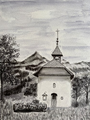 Drawing titled "CHAPELLE et MONTAGNE" by Cathou-Bazec, Original Artwork, Ink