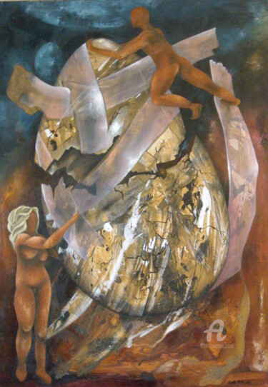 Painting titled "Qui d'oeuf, nous de…" by Catherine Faure, Original Artwork, Oil