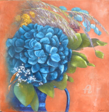 Peinture intitulée "Dans le broc bleu" par Catherine Faure, Œuvre d'art originale, Huile Monté sur Châssis en bois