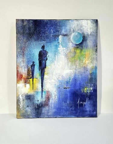 Schilderij getiteld "Duo bleu" door Cathy Angelli, Origineel Kunstwerk, Acryl Gemonteerd op Frame voor houten brancard