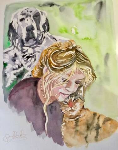 Painting titled "BRIGITTE ET SES AMIS" by Cathy Belleville, Original Artwork, Watercolor