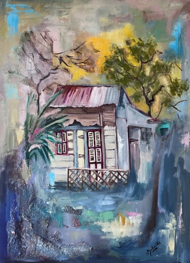 Painting titled "LA CASE CREOLE" by Cathy Belleville, Original Artwork, Oil Mounted on Wood Stretcher frame