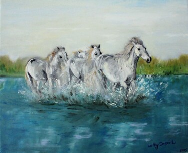 Painting titled "les chevaux" by Cathy Dapvril (CDL), Original Artwork, Oil