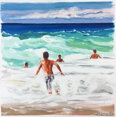 Painting titled "Braver la vague" by Cathy Doutreligne, Original Artwork, Acrylic Mounted on Wood Stretcher frame