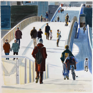 Painting titled "Passerelle à Paris" by Cathy Doutreligne, Original Artwork, Acrylic Mounted on Wood Stretcher frame