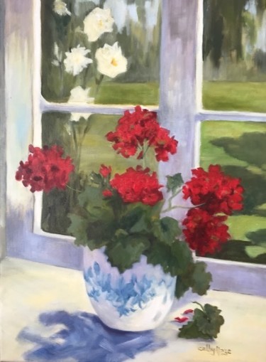 Painting titled "LES GERANIUMS" by Catherine Maze, Original Artwork, Oil Mounted on Wood Stretcher frame