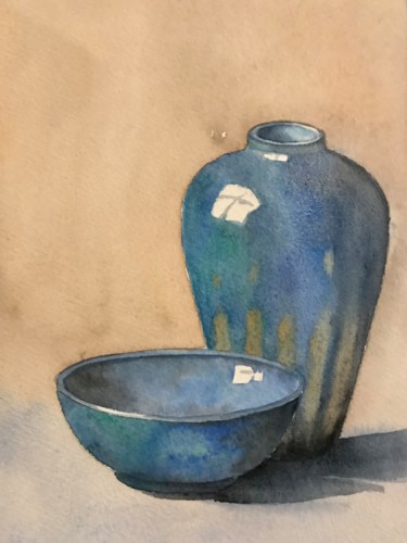 Painting titled "Les 2 pots bleus" by Catherine Maze, Original Artwork, Watercolor