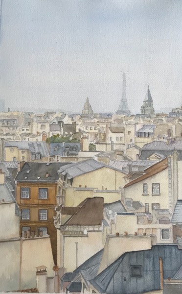 Painting titled "Les toits de Paris" by Catherine Maze, Original Artwork, Watercolor